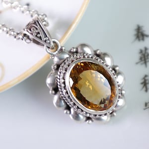 Oval Citrine Pendant Necklace: Brazilian Golden Stone, Sterling Silver