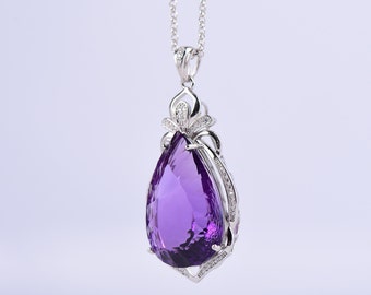 Pear Cut Natural Amethyst Pendant, 25x38mm Uruguay Real Purple Amethyst Pendant Necklace, 925 Sterling Silver Setting