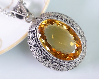 Oval Citrin Anhänger: Brasilianischer Goldener Edelstein, Sterling Silber Halskette