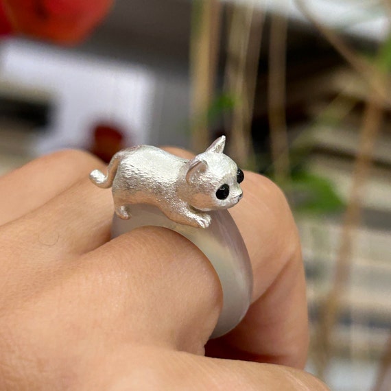ハンドメイドのスターリングシルバーの猫リング 瑪瑙のバンド ユニークなデザイン - 日本