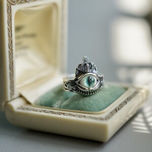 Pu&ograve; includere: Un anello d'argento con un occhio verde e una corona in cima. L'anello &egrave; in una scatola per anelli bianca con un rivestimento in velluto verde.