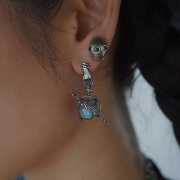 Handgemachte Uranus Labradorit Sterling Silber Ohrringe: Retro Celestial Schmuck
