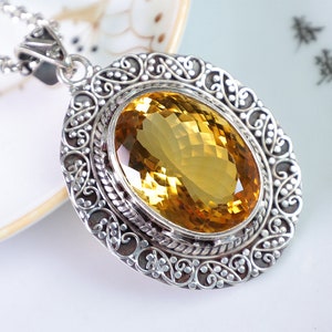 Oval Citrine Pendant Necklace: Brazilian Golden Stone, Sterling Silver