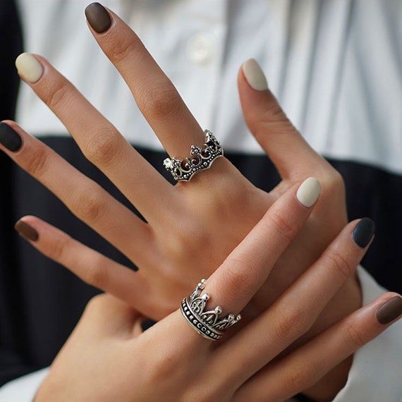 Sterling Silver Crown Couple Ring: Handmade Oxidized S925 Rings