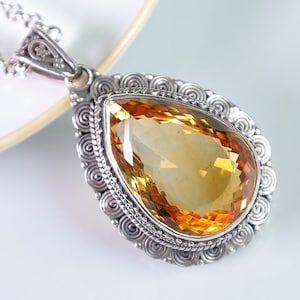 Drop Citrine Pendant Necklace: 925 Sterling Silver, Brazilian Golden Topaz