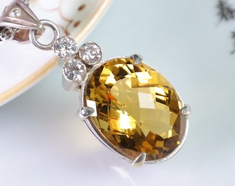Oval Citrin Anhänger: Brasilianischer Goldener Edelstein, Sterling Silber Halskette
