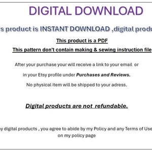 K&ouml;nnte beinhalten: Grafik zum digitalen Download mit dem Text "DIGITAL DOWNLOAD" in Lila. Der Text besagt, dass das Produkt ein sofortiger PDF-Download ist und digitale Produkte nicht erstattungsf&auml;hig sind. Das Muster enth&auml;lt keine N&auml;h- oder N&auml;hanweisungen.