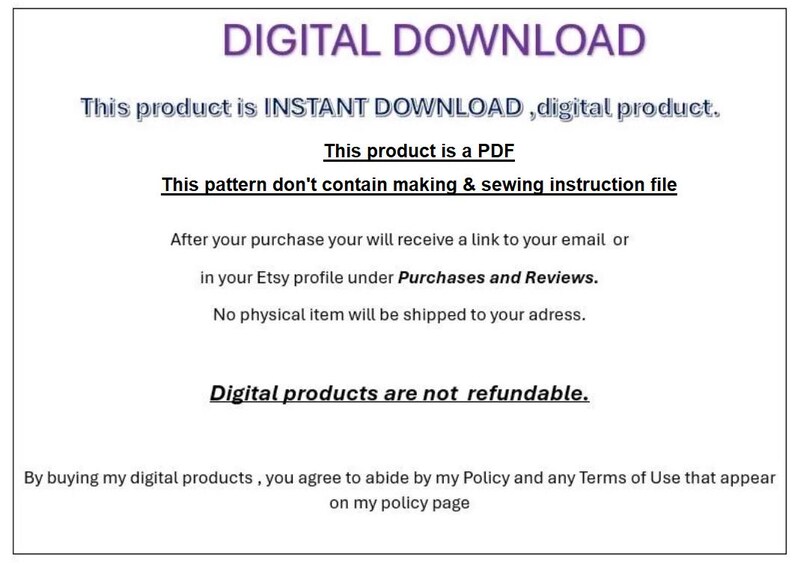 K&ouml;nnte beinhalten: Grafik zum digitalen Download mit dem Text "DIGITAL DOWNLOAD" in Lila. Der Text besagt, dass das Produkt ein sofortiger PDF-Download ist und digitale Produkte nicht erstattungsf&auml;hig sind. Das Muster enth&auml;lt keine N&auml;h- oder N&auml;hanweisungen.