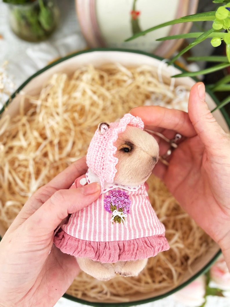 K&ouml;nnte beinhalten: Ein kleines Stofftier, m&ouml;glicherweise ein B&auml;r, tr&auml;gt ein rosa gestreiftes Kleid mit R&uuml;schensaum und passender Haube. Das Kleid hat einen gestickten Blumenstrau&szlig;. Das Spielzeug wird in den H&auml;nden einer Person gehalten.