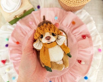 Vintage Style Viscose Beagle Puppy, Handmade Dog with Cap