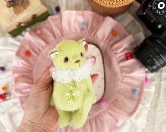 OOAK Green Teddy Bear 12 cm, Handmade Miniature Bear, Artist Plush Toy, Embroidered Beaded Belly, Collectible Soft Sculpture