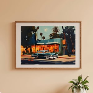 Retro Los Angeles Diner and Classic Car Wall Art, L.A. Restaurant Photo, SoCal Diner in Downtown California City LA with Palm Trees Print