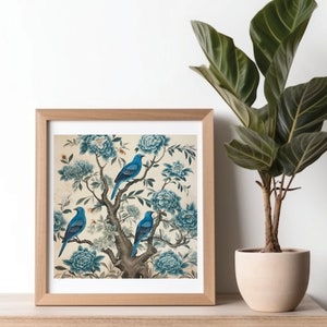 Blue Bird Chinoiserie Art Print: Grandmillennial Floral Wall Decor