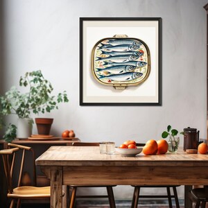 Sardine Tin Giclee Print: Seafood Ink Painting, Modern Fish Art