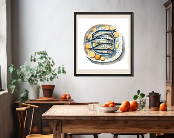 Plate of Sardines Painting, ink painting, Seafood Print, Fish Art, Beach House Giclee Modern Art Print