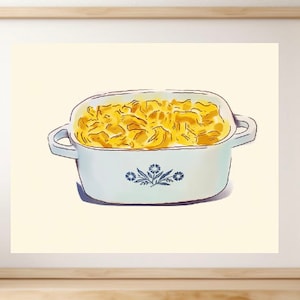 Corningware Mac and Cheese Vintage Print, Retro Kitchen Decor, Pyrex Blue Cornflower | Digital Download or Physical Print