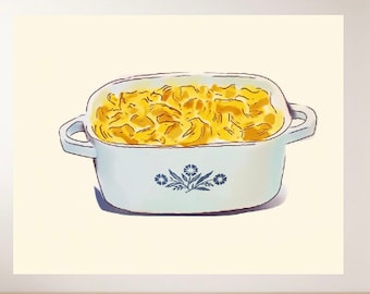 Corningware Mac and Cheese Vintage Print, Retro Kitchen Decor, Pyrex Blue Cornflower | Digital Download or Physical Print