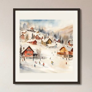 Christmas Village Watercolor Painting. Winter Wonderland Print, Festive Holiday Snowy Village, Cozy Cabin Decor, White Christmas