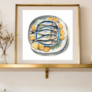 Sardines & Lemon Giclée Print – Coastal Kitchen Wall Art, Nautical Dining Room Decor, Mediterranean Food Illustration