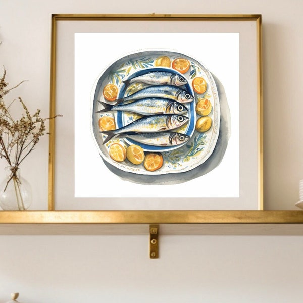 Sardines on a Plate with Lemon Painting, Seafood Print Fish Art, Beach House Giclee Modern Print Watercolor Nautical Sea Ocean Pier Coastal