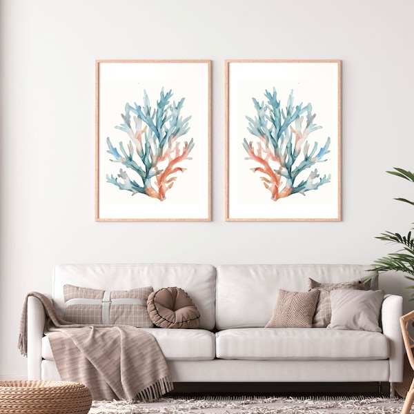 Teal & Peach Set of 2 Prints, Watercolor Coastal Wall Decor, Abstract Seagrass, Botanical Large Fine Art Posters, Beach House, Corals
