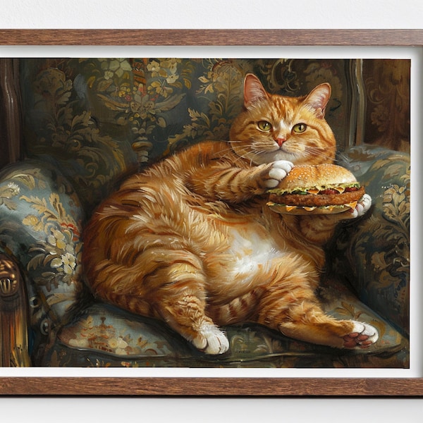 Fat Orange Cat Print | Funny Renaissance Wall Art | Chonky Tabby Eating Burger | Cat Mom Gift | Digital or Physical Print