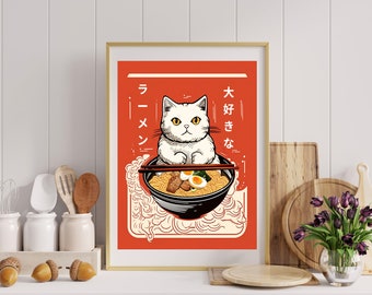 Japanese Ramen Noodle Bowl Cat Art Print Kitchen Wall Illustration Anime Cartoon Kitten Lovers Trendy Asian Maneki Neko Soup Dish Toppings