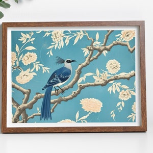 Chinoiserie Peacock Art Print: Grandmillennial Blue Bird & Flowers