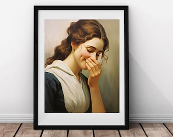 Peut inclure: Une peinture d'une femme aux cheveux bruns, portant une blouse blanche et une robe bleue, souriant et se couvrant la bouche de la main.