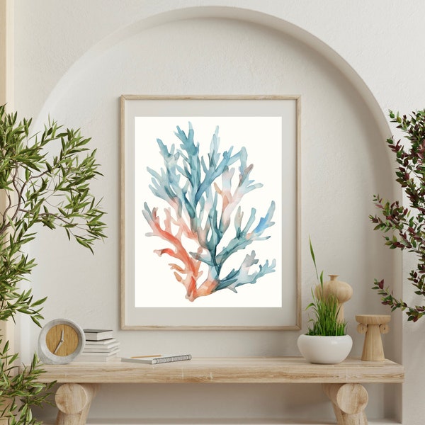 Teal & Peach Coral Print, Watercolor Coastal Wall Decor, Abstract Seagrass, Botanical Large Fine Art Posters, Beach House, Corals