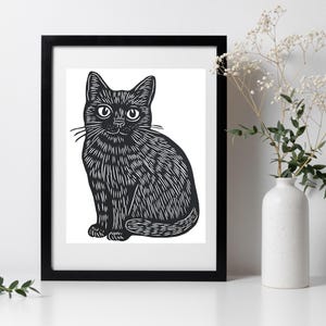 Black Cat Art Print Linocut