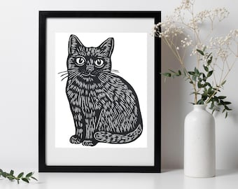 Black Cat Art Print Linocut, Vintage Kitty Wall Art, Linoleum block feline art wall decor