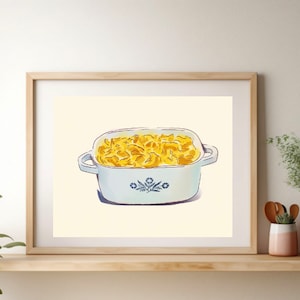 Mac and Cheese Vintage Corningware Blue Cornflower Print, Kitchen Art, mid century modern wall decor, baked macaroni kitchenware