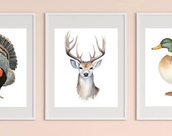 Duck Deer Turkey Prints, Set of 3 Hunting Bundle, Animals Game Wild Autumn Cozy Cabin Watercolor hunt giclee buck living room mancave art