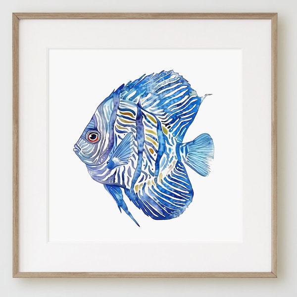 Discus Fish, Tropical Prints, Modern Coastal Wall Decor, Watercolor Artwork, Marine, Beach House Art, Abstract Blue Fish Painting