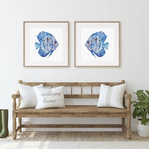 Discus Fish, Tropical Set of 2 Prints, Modern Coastal Wall Decor, Watercolor Artwork, Marine, Beach House Art, Abstract Blue Fish Painting