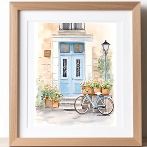 Paris French Door and Bicycle Print, Parisian Scene Bicycles, Buildings, Cafe Watercolor Giclee Painting, Artful Paris Poster Illustration