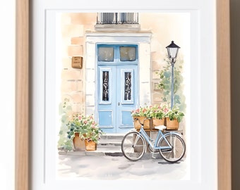 Paris French Door and Bicycle Print, Parisian Scene Bicycles, Buildings, Cafe Watercolor Giclee Painting, Artful Paris Poster Illustration