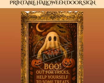 Halloween Door Sign Printable, "Boo! Out for Tricks" Sign, Trick-or-Treat Decor, Party Printable, 8x10 Instant Download, Vintage Ghost