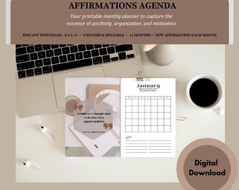 Printable Undated 12-Month Affirmations Journal PDF | Monthly Mindset Calendar | Self-Love, Calm, Mental Health, Manifestation, Motivation