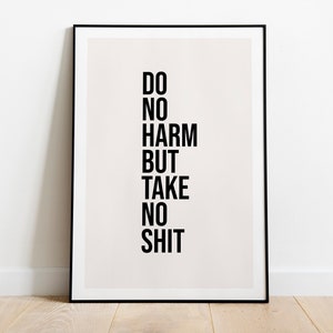 Może przedstawiać: Czarny plakat w ramie z białym tłem i czarnym tekstem, który brzmi "Do No Harm But Take No Shit."