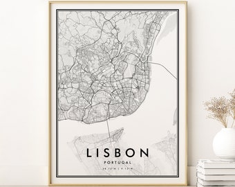 Lisbon City Map, Lisbon Portugal Map Poster, engagement map art, modern road map print, personalized gift, Lisbon Map Print Digital Download