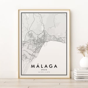 Impression de carte de Malaga, carte de la ville de Malaga, art de la carte des rues de la ville d'Espagne, affiche imprimable de Malaga, Espagne, cadeau rétro nouvelle maison, carte de téléchargement immédiat