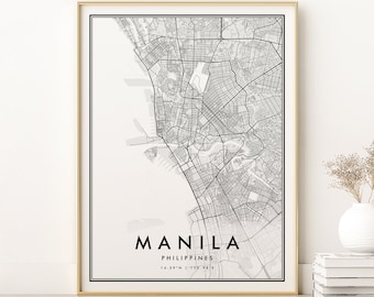 Impresión de mapas de Manila, cartel del mapa de la ciudad de Filipinas, mapa de la ciudad de Manila Filipinas, arte minimalista, mapas e impresiones, regalos para él, impresiones digitales