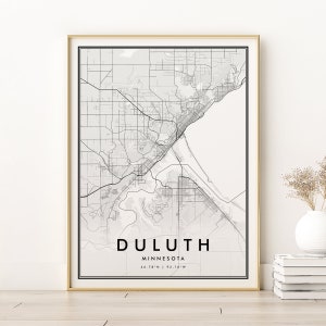 Duluth Map Print, affiche de la carte de la ville de Duluth Minnesota, conceptions de cadeaux de carte rétro personnalisées, cadeau de carte personnalisée, cadeaux pour lui, téléchargement numérique