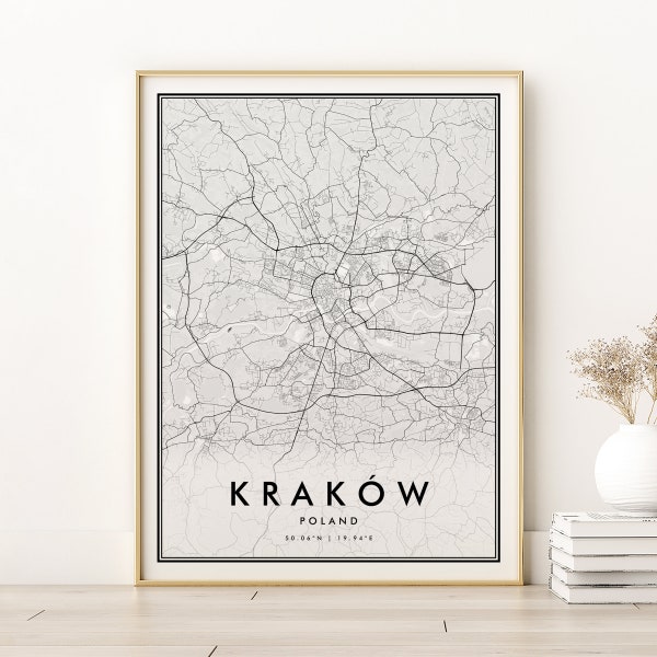 Kraków Map Print, Poland Gift Map, Krakow City Map, Minimalist Map Art, engagement street map print, new, gifts for her, Digital Download