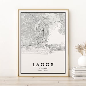 Lagos City Map, Nigeria black and white map print, wall art decor, printable personalized retro map gifts, Lagos Map Print, Digital Download