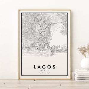 Mapa da cidade de Lagos, impressão de mapa em preto e branco da Nigéria, decoração de arte de parede, presentes de mapa retrô personalizados para impressão, impressão de mapa de Lagos, download digital