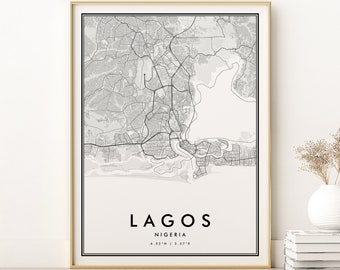 Lagos City Map, Nigeria black and white map print, wall art decor, printable personalized retro map gifts, Lagos Map Print, Digital Download