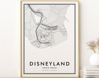 Disneyland Hong Kong Map Print, Map Print Gift, Minimalist Disneyland Hong Kong Road Map Art, holiday decor, gifts for him, Digital Download